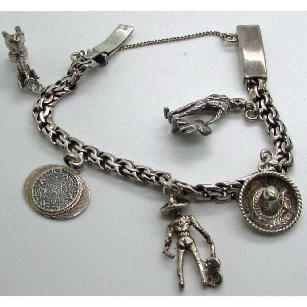 Sterling Silver Charm Bracelet Mexican Theme Sombrero Matador Donkey Aztec